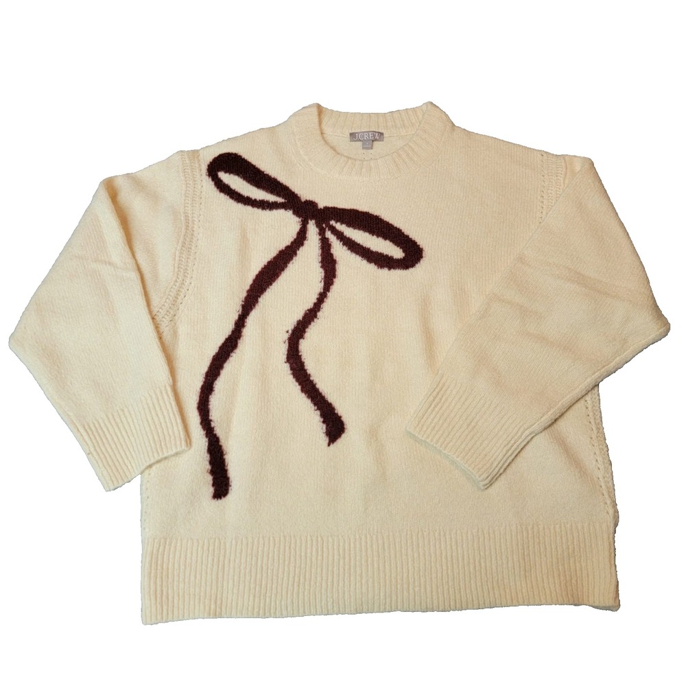 J Crew Womens Relaxed Pullover Bow Print Ivory Merino Wool Blend Sweater Medium